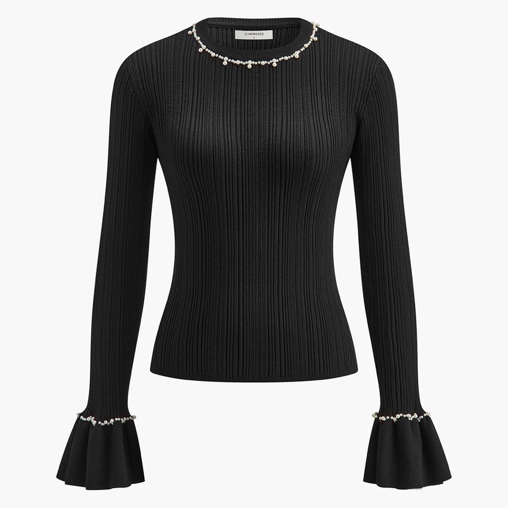 Commense Beaded-Decor Ruffle Knit Top - Picture 2 of 16